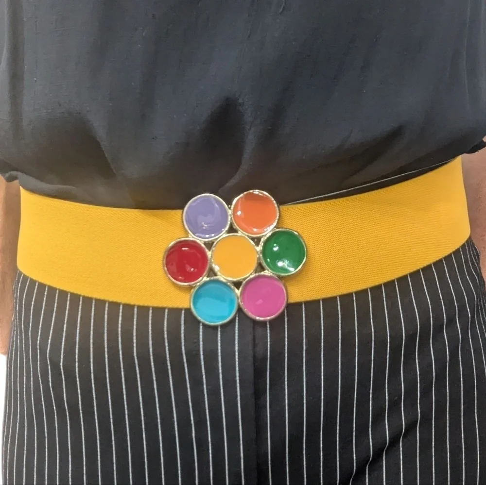 Vintage A Brod Rainbow Flower Buckle Belt Yellow Stretch USA 70s 80s